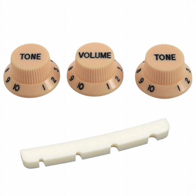 4 Pcs Accessories: 3Pcs 1 Volume and 2 Tone Guitar Control Knobs for & 1Pcs Slotted Curved Bone Bass Nut