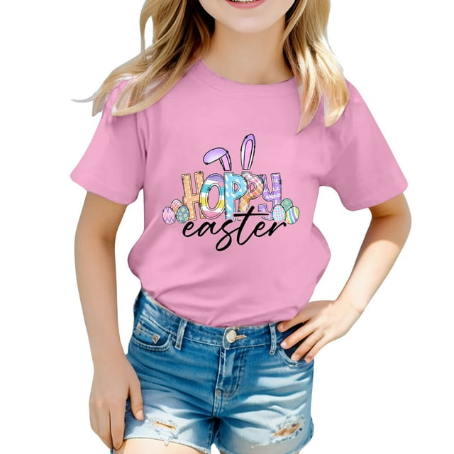 LUOGENLI T-Shirt pour Filles, Mignon Graphique de Pâques, Col Rond, Manches Courtes, T-Shirt Décontracté d'Été, Chemises pour Filles, Travail Printemps 8-9 Ans