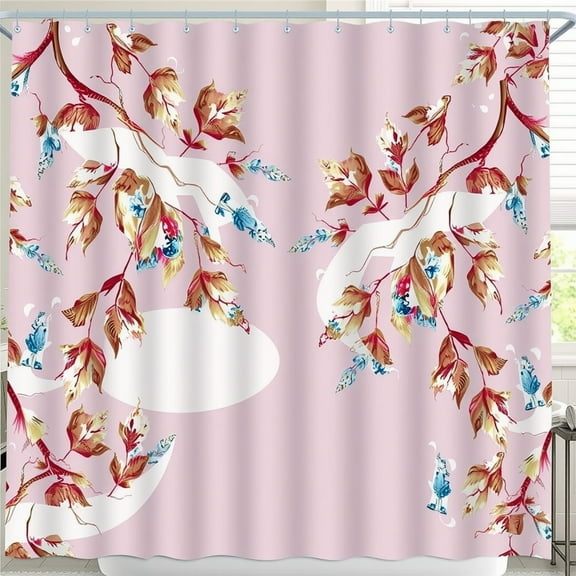 Stylish Pink Shower Curtain with Brown Leaves & Blue Flowers for Any Bathroom