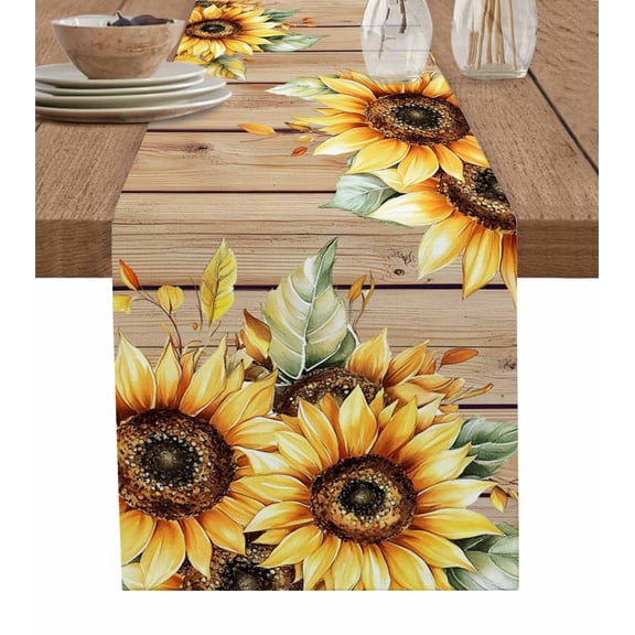 Ldtrchee Sunflower Table Runner 36 Inches, Farmhouse Wooden Grain Brown Flower Leaf Bed Runner Dresser Scarves Tabletop for Indoor Outdoor Parties/Ceremony/Banquet, 13"x 36"