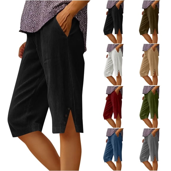 SOFTCCLO Shorts for Women Summer Solid Straight Shorts Side Slit Button Pocket 5 Inch Womens Shorts Army Green L