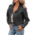 thumbnail image 2 of ClodeEU Women's Rhinestone Long Sleeve Cropped Denim Jacket, Button-Down Collar Classic Sparkle Jean Coat Black,Womens Plus L, 2 of 7