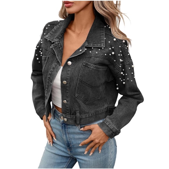 Hvot&aat Women's Studded Denim Jacket Long Sleeve Button-Up Turndown Collar Denim Outwear Distressed Frayed Cropped Jean Coat