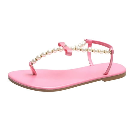 

Itsun Sandals for Womens Casual Beach Summer Fashion Shoes Pearl Beaded Bow Flat Heel Slippers Solid Color Sandals Flip Flops Pink 7