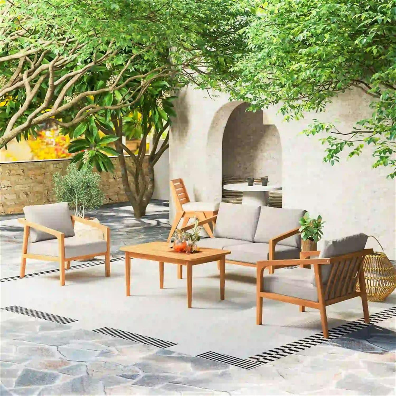 Demi Bonn 48" Acacia Wood Outdoor Sofa Set, Durable Teak Conversation Set with Thick Cushions for Garden & Patio, Brown