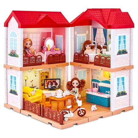 UNIH Dollhouse for 3 4 5 6 7 Year Old Girls, Princess Dream House Toys with Furniture Lights and Music