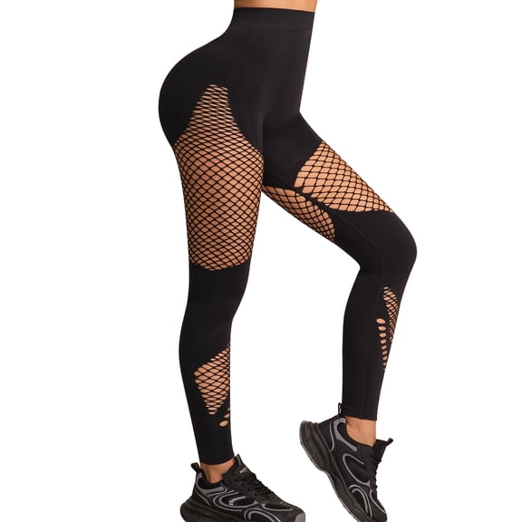 Takusun Women's Fishnet Seamless High Waisted Tummy Control Workout Leggings Pants Black