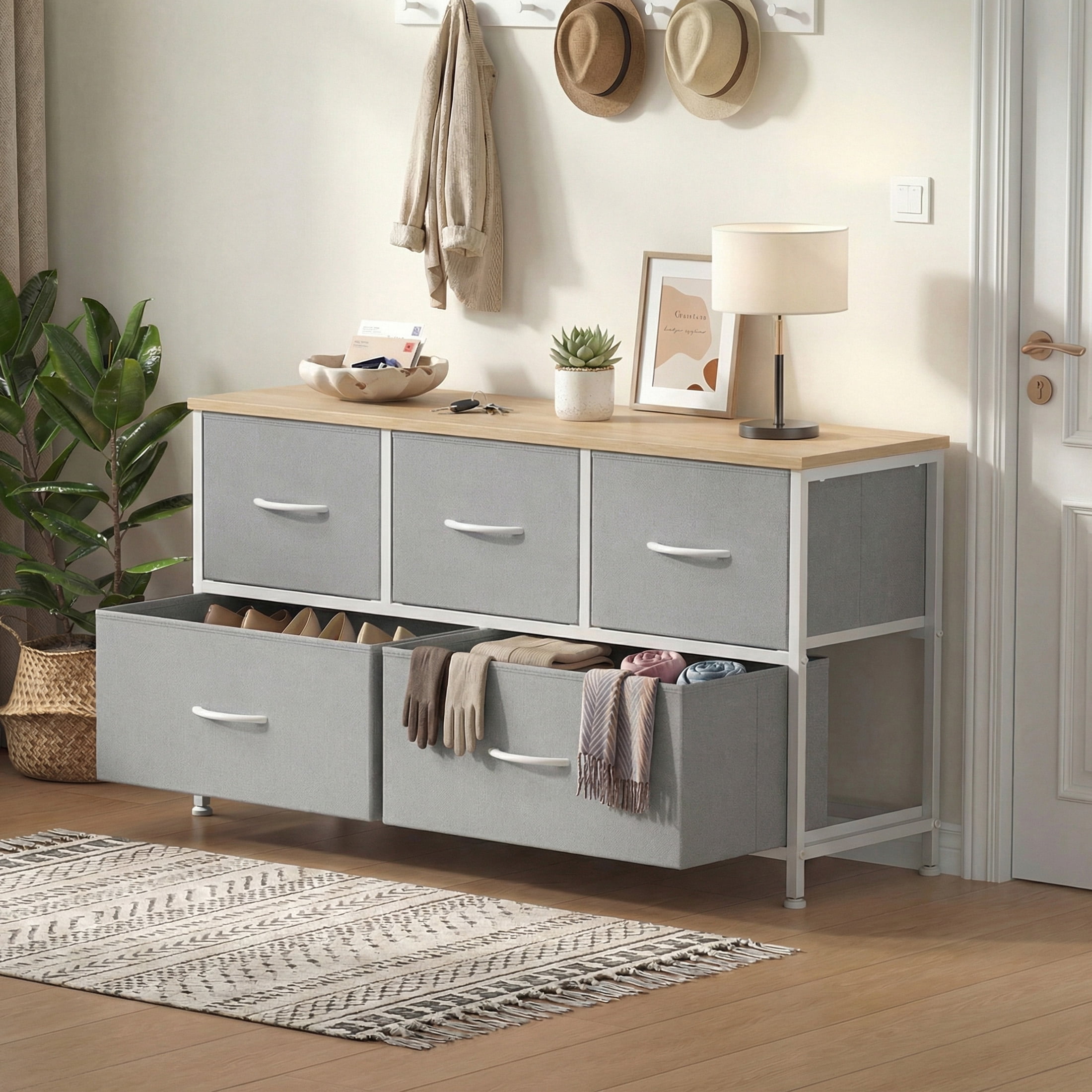 CONCETTA Dresser 5 Fabric Storage Drawer Dresser, TV Stand, Chest of Drawers for Bedroom, Closet, Entryway, Living Room, Light Gray