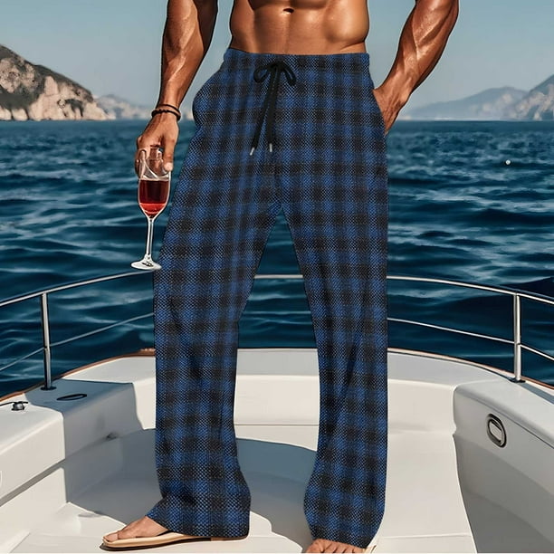 Pantalones de pijama largos para hombre, informales, con estampado a cuadros, holgados, deportivos, elásticos, rectos, vintage, con bolsillos