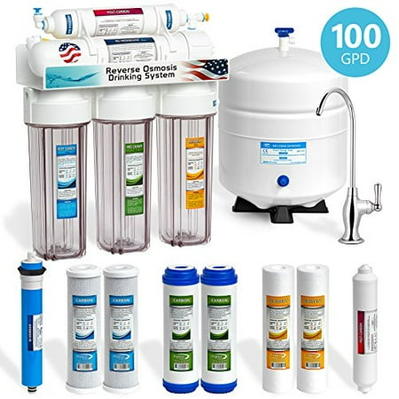 Undersink Reverse Osmosis - Express Water 5 Stage Under Sink Reverse Osmosis Filtration System 100 GPD RO Membrane Filter Deluxe Faucet Clear Housing Ultra Safe Residential Home Drinking Water Purification Extra Set of 4 Filters