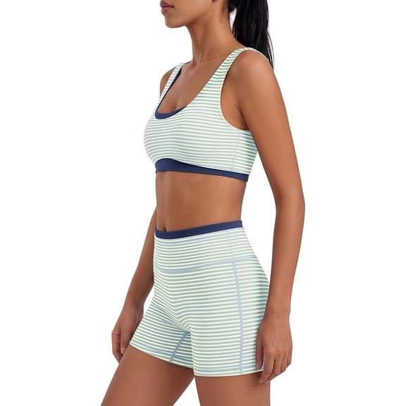 YHCY Womens Striped Workout Sets 2 Piece Double Layer Yoga Set Wide Strap Sports T Shirt Bra Elastic High Waisted Tummy Control Biker Shorts Stretchy Soft Lounge Athletic Sets Light Green L