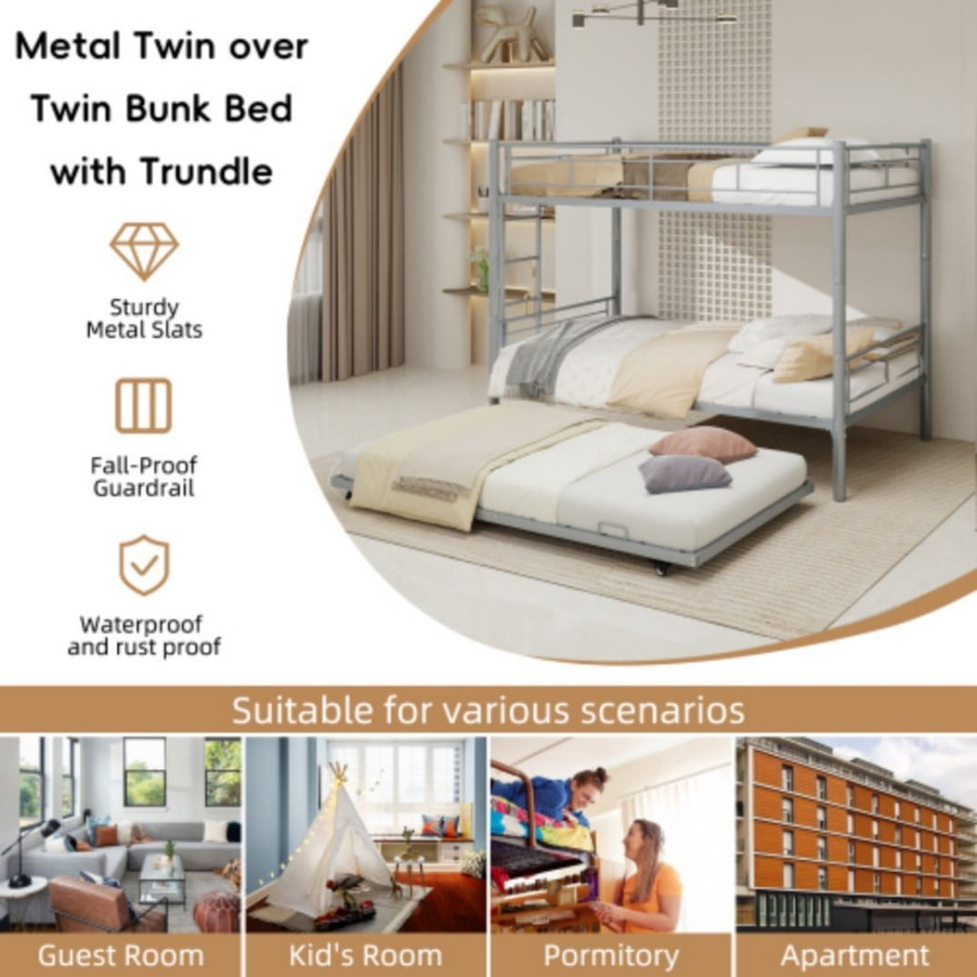Twin Triple Bunk Bed, 3-in-1 Convertible Metal Bunk Bed Frame, Space-Saving Design with Guardrails & Ladder, Heavy-Duty Iron, Silver