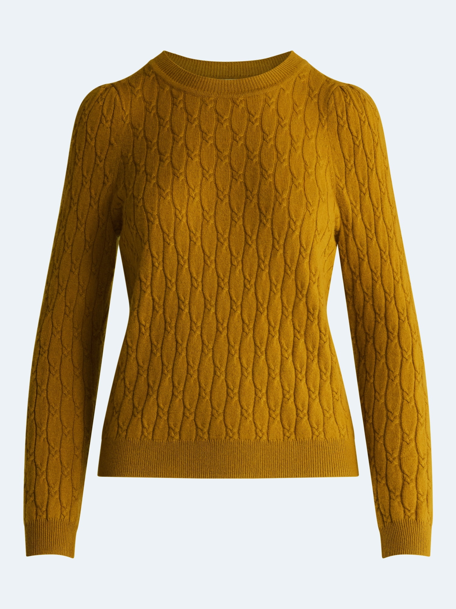 Free Assembly Women's and Women's Plus Cashmere Cable Knit Sweater with Puff Sleeves, Midweight, Sizes XS-4X