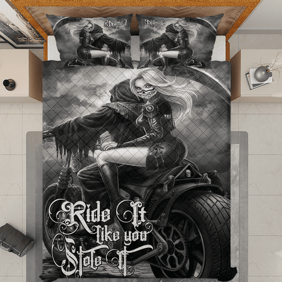 Lotusprinthandmade Personalized Skull Ride Motorcycle Couple 3D Quilt Bedding Set (White Binding) 5 Sizes (80x90)
