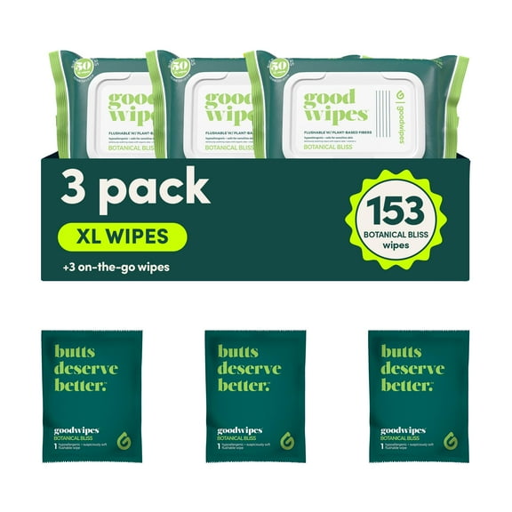 goodwipes Flushable Butt Wipes - Vitamin E & Aloe - Sewer & Septic Safe - Extra Large Adult Wet Wipes For Women & Men - Toilet Essential - Botanical Bliss, 153 Count (3 Packs   3 Individually Wrapped