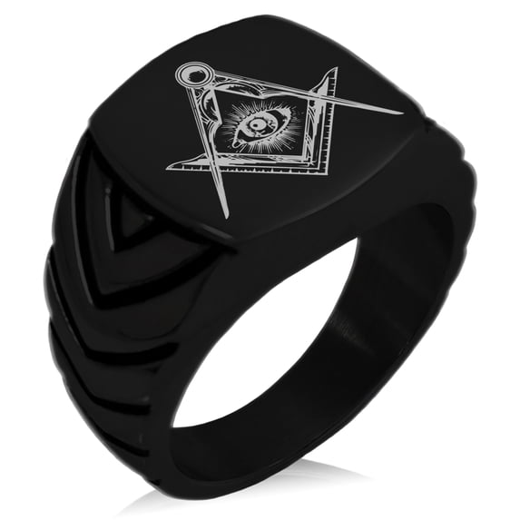 Stainless Steel Freemasons Masonic Sacred Society Chevron Pattern Biker Style Polished Ring