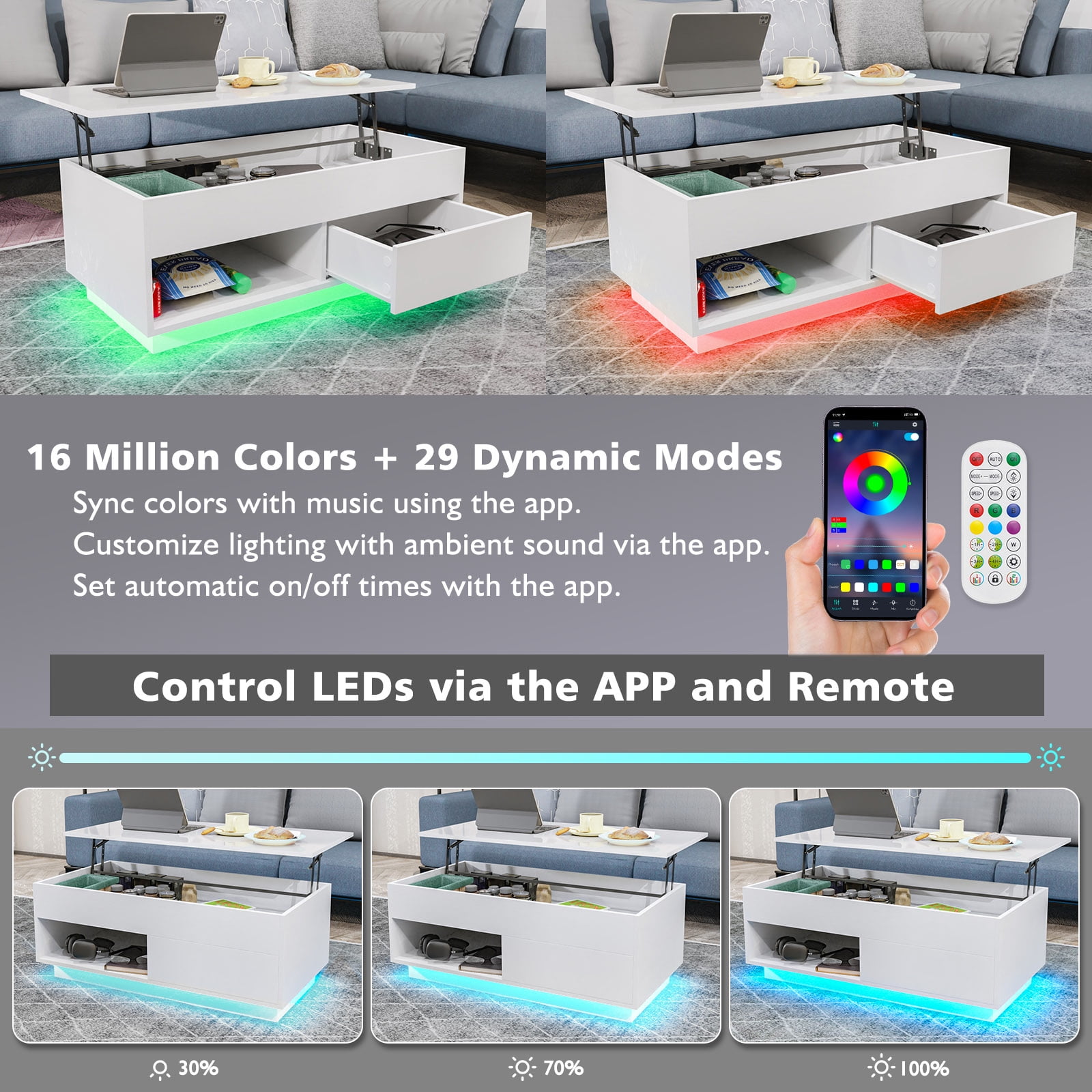 Hommpa 40'' Lift Top Coffee Table with LED Lights Modern High Gloss End Table with Rising Top, Hidden Storage Drawer & Open Shelf