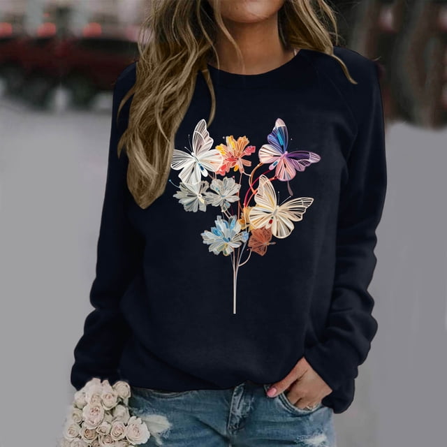 VBARHMQRT Chandail en Molleton Grande Taille pour Femmes Col Rond Manches Longues Raglan Imprimé Papillon Fleur