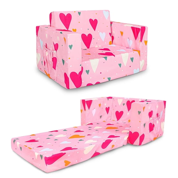 Beavtaens Toddler Sofa, 2-in-1 Pink Flip Open Toddler Couch, with Side Pocket, for Ages 18 Months
