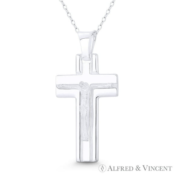 Jesus Christ on Flat Christian Catholic Latin Crucifix Cross Pendant in .925 Sterling Silver