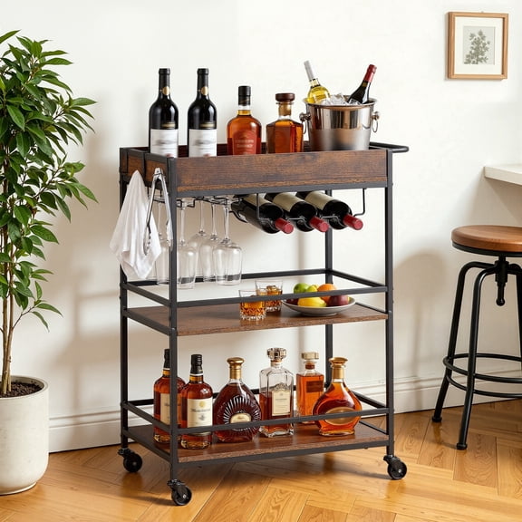 VEVOR Bar Cart, 3 Tiers Home Kitchen Serving Carts, Industrial Rolling Utility Station on Wheel, Mobile Drink Beverage Shelf with Wine Rack & Glass Holder, 26.77x14.17x32.68 in,Rustic Brown and Black