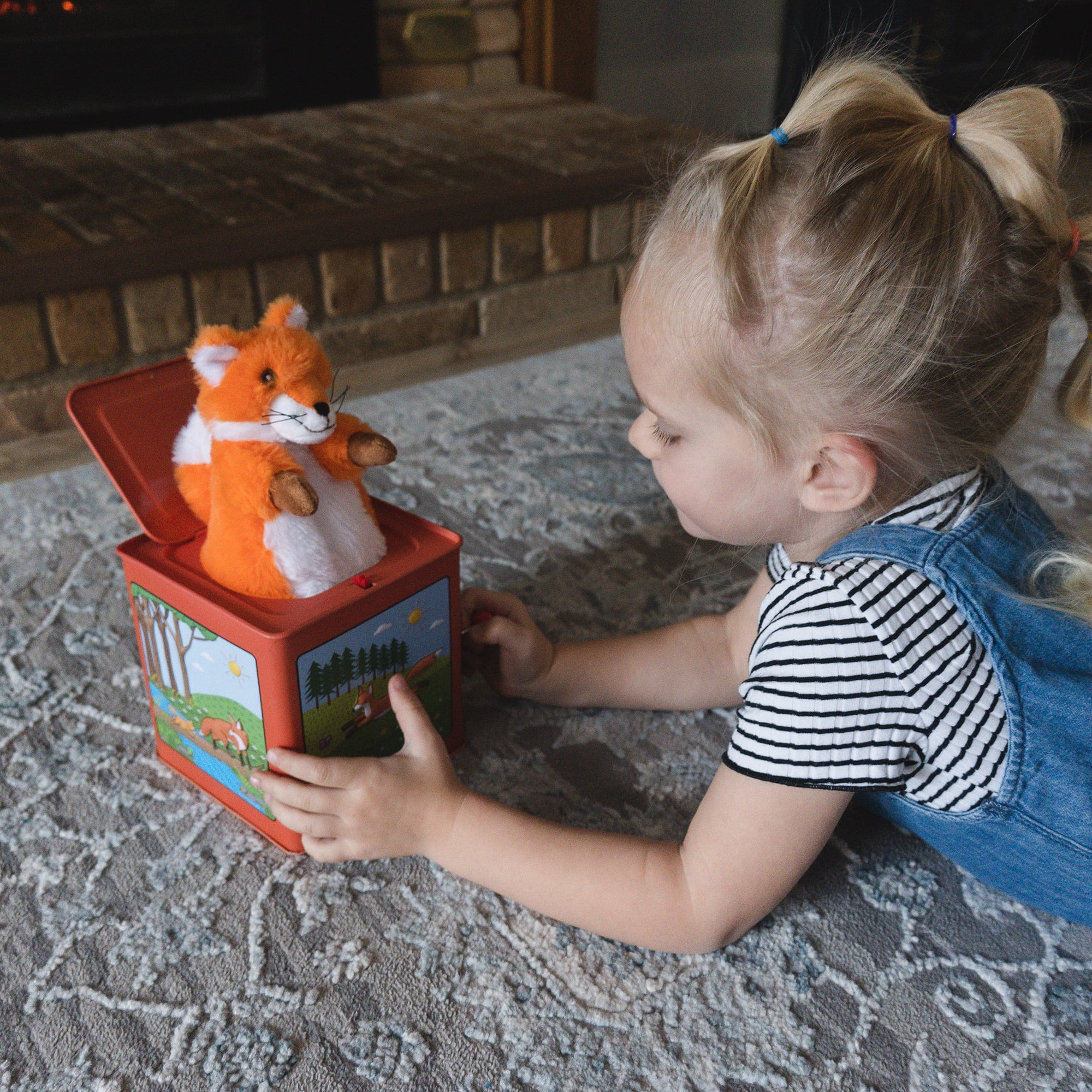 Jack Rabbit Creations Finn The Fox Jack in The Box Toy, Plush Fox, Side Crank Plays Pop Goes The Weasel, Surprise Pop-Up, Kids Age 3+