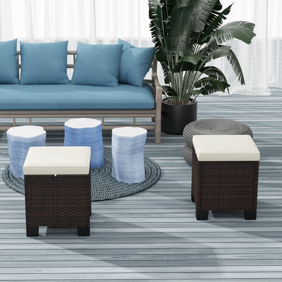 Outsunny 2 Pieces Wicker Outdoor Ottomans with Cushions, 3-in-1 PE Rattan Ottoman Seat, Footrest and Side Table for Backyard, Poolside, Beige