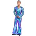 thumbnail image 3 of iiniim Men Shiny Metallic Jumpsuits 70s Disco Dance Leotards Stage Performance Costume Wide Leg Rompers Blue XXL, 3 of 7