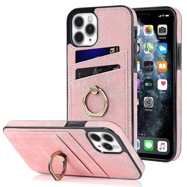 Funda de piel estilo vintage para iPhone 11 Pro con ranura para tarjetas, anillo giratorio de 360 grados, protección para la cámara, protección en las 4 esquinas, funda de teléfono muy resistente.