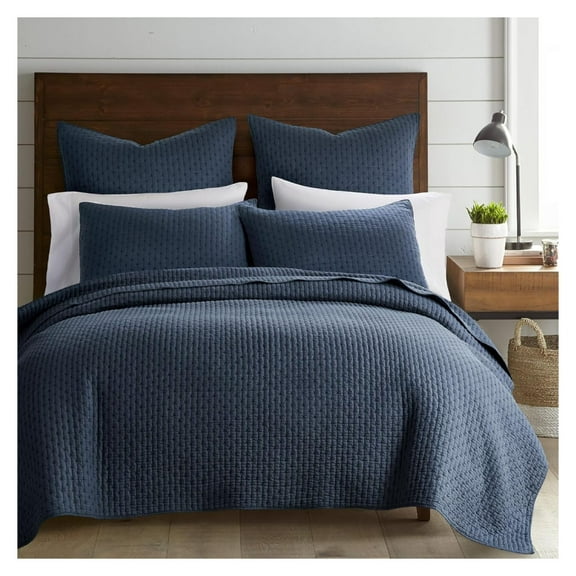 - Cross Stitch Navy Quilt Set - 100% Cotton - Full/Queen Quilt (88x92in.) + 2 Standard Shams (26x20in.) - Reversible - Cotton Fabric