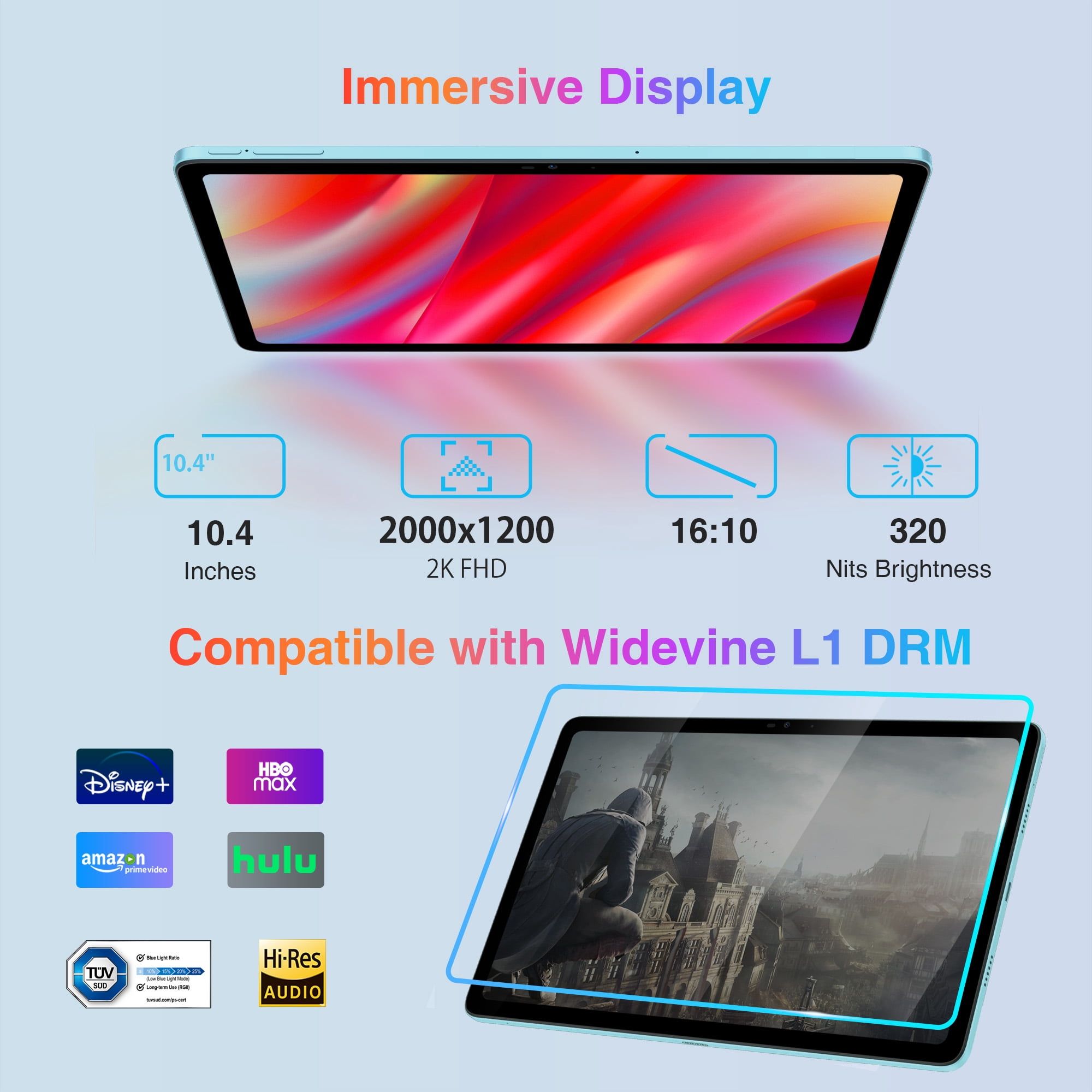 DOOGEE T20 Tablet 10.4 inch, 15GB (8+7GB) RAM+256GB ROM/1TB, 2000×1200 FHD+ 2K Display, Octa-Core, 8300mAh, Android 12 4G LTE Dual SIM Tablets, TÜV Certified, Widevine L1, 16MP+8MP, WiFi,Type C