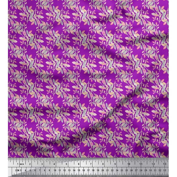 Soimoi Purple Cotton Duck Fabric Buds & Leaves Print Fabric by the Yard 44 Inch Wide