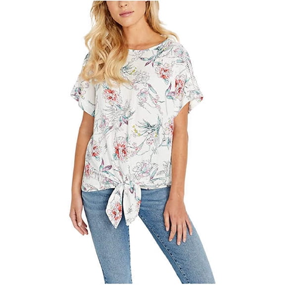 Buffalo David Bitton Ladies' Tie Front Top Blouse, White Floral Medium - NEW