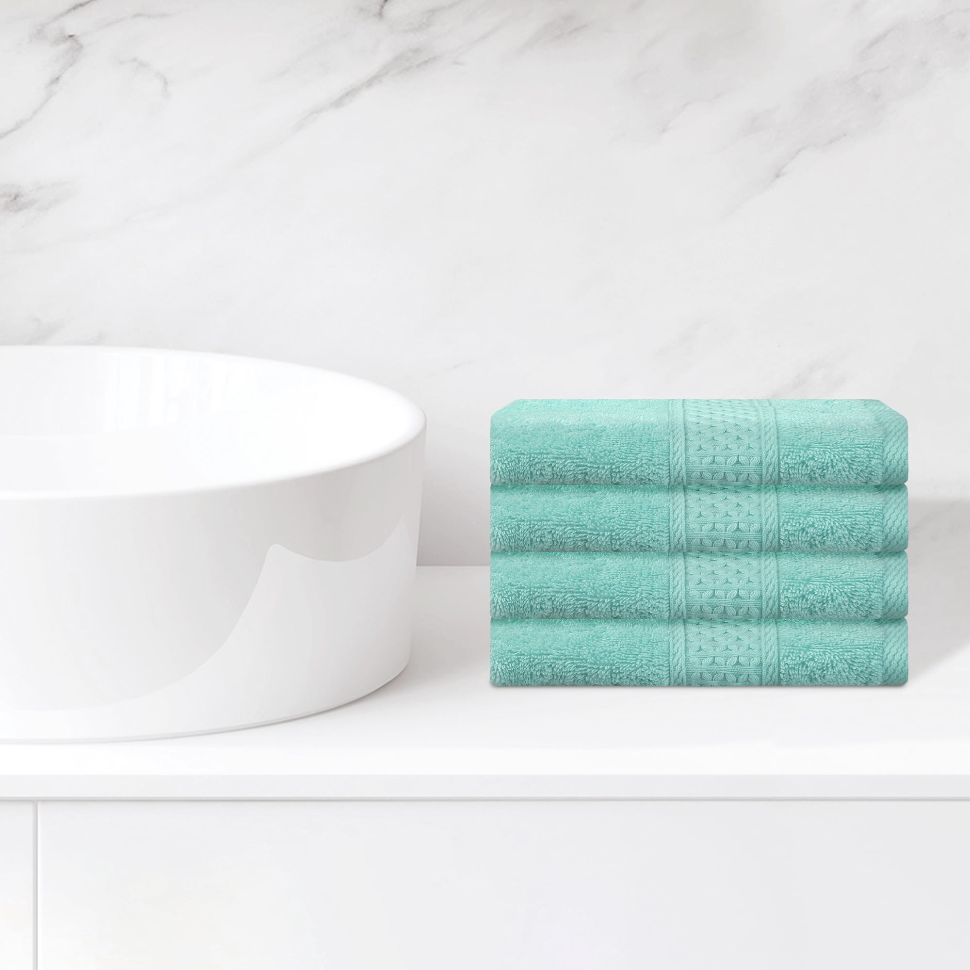 Unique Bargains Geometric Washcloths Set Cotton Bath Towels Low Lint Green 4