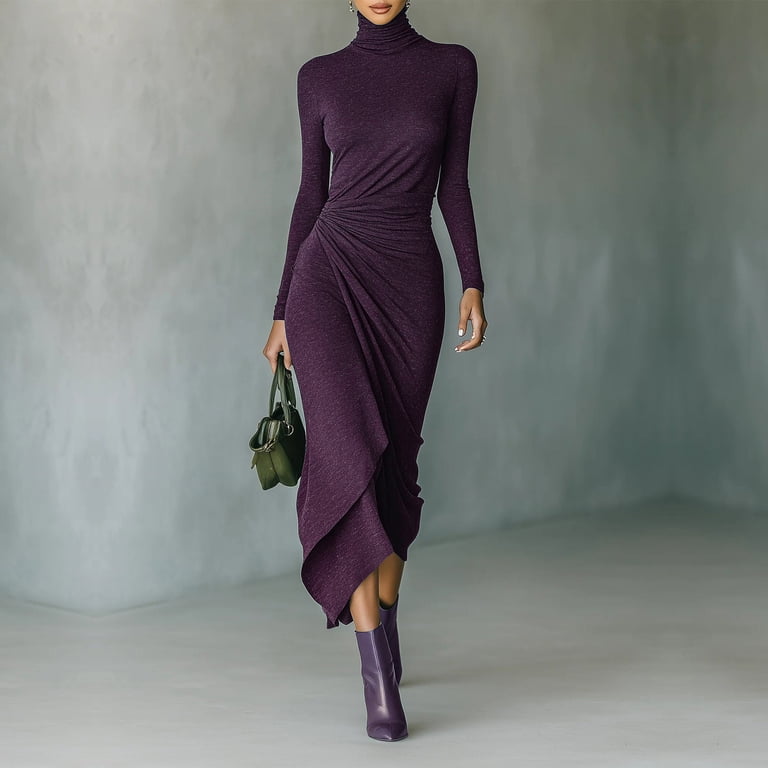 high slit turtleneck dress Jtjvou Women's Long Sleeve Ruched Asymmetrical Midi Elegant Glitter Bodycon Dress for Evening Party Purple L, Size: Large mfgstyle_SALT1753