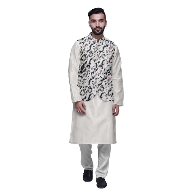 Atasi Kurta Pyjama Traditionnel Uni à Col Mandarin avec Ensemble de Veste Imprimée