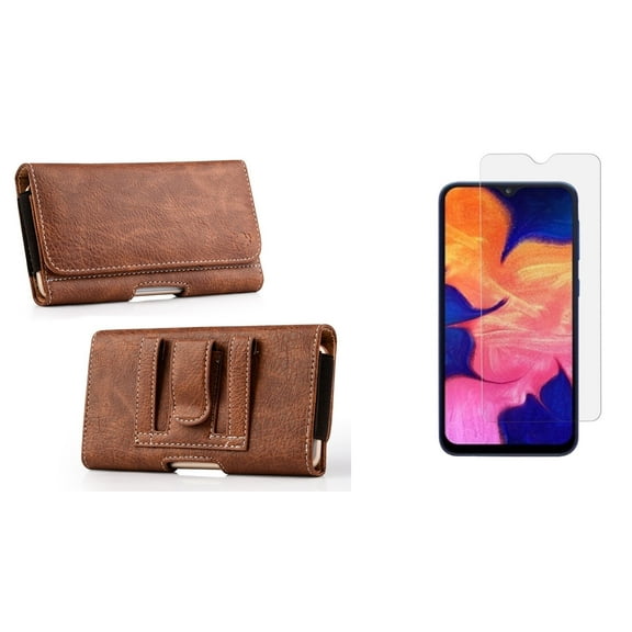 Luxmo PU Leather Wallet (Card Slot/Coin Holder) Holster Carry Case (Brown) for Samsung Galaxy A10e with Tempered Glass Screen Protector and Atom Cloth