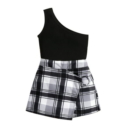 

Sunisery 2Pcs Kids Toddler Girls Clothes Sets Solid Color One Shoulder Vest + Plaid Stitching Shorts Outfits Black 12-18 Months