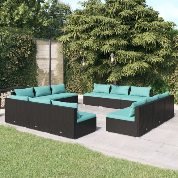 vidaXL 12 Piece Patio Lounge Set with Cushions Poly Rattan Black