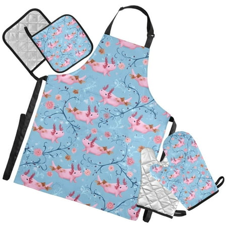 Ryvnso Cute Axolotls Blue Kitchen Apron Oven Mitts Set Pot Holders