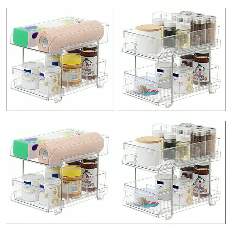 2 Tier Clear Organizer with Dividers, Multi-Purpose Slide-Out Storage  Container, Bathroom Vanity Counter Organizing Tray, Under Sink Closet