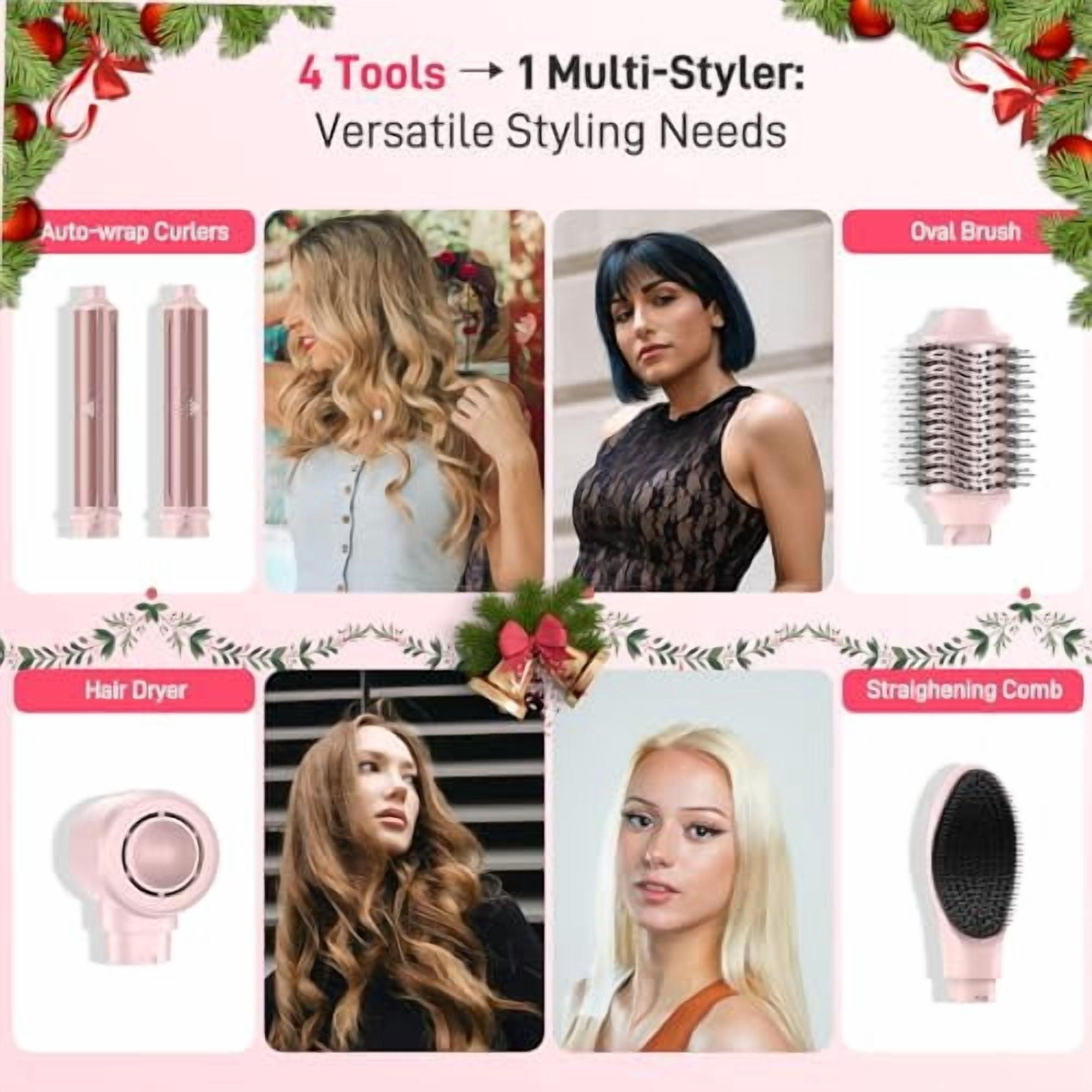 5 in 1 Hair Dryer Brush with Fast Drying Blow Dryer, Dual Voltage Hot Air Styler Wrap, Styling, Straightening & Volumizing with Travel Bag - Pink