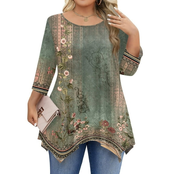 WTOBBY Women's Plus Size Floral Print 3/4 Sleeve Round Neck Tunic Top Loose Fit Tee for Full Figure Comfort and Fall Seasonal Fashion,Army Green L