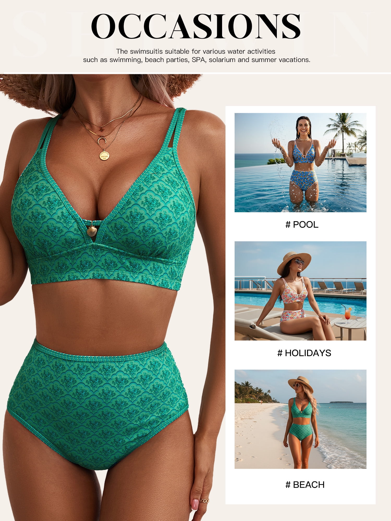 SHEWIN Womens Swimsuits Sets Bikinis Sets 2 Piece Tummy Control Bathing Suits High Waisted Swimwear Floral Swimming Suits Push Up Beach Vacation Outfits Green Floral XL