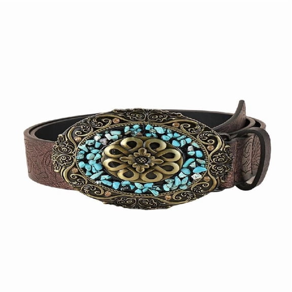 Yokua Engraved Cowboy Belt Vintage Buckle Belt Embossed Western Belt White Stone