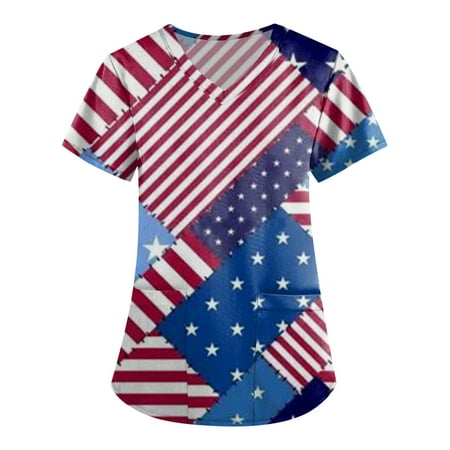 

Sksloeg Scrubs for Women Stretchy 4th Of July American Flag Print Patriotic Top Short Sleeve V-Neck Shirts Tee Tops with Pockets Nursing Working Uniform Pink XXXL
