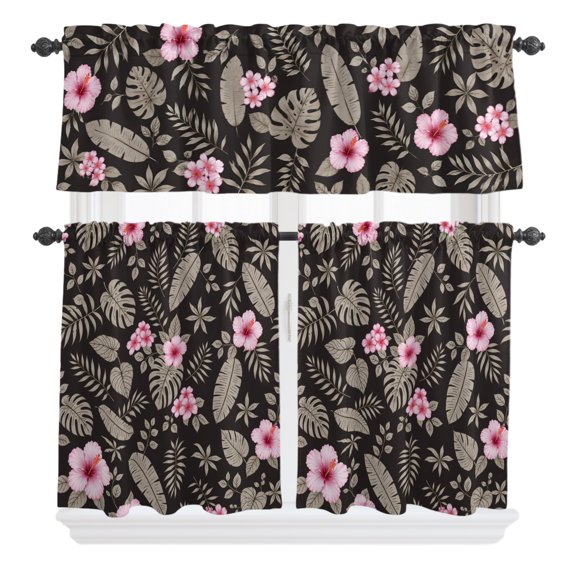 3 Pieces Kitchen Curtains and Valances Set Tier Curtains Pink Hibiscus Floral Short Curtain Rod Pocket Window Curtain Panels Grey Tropical Monstera Leaves (Single Panel 54"x18",2 Tiers 24"x36")
