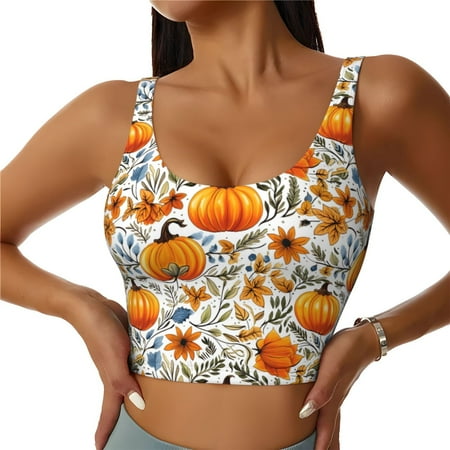 Adobk Autumn Pumpkin Blossoms Print Sports Bras for Women Longline Workout Crop Tank Tops Padded with Built in Shelf Padded Sports Bra-Large
