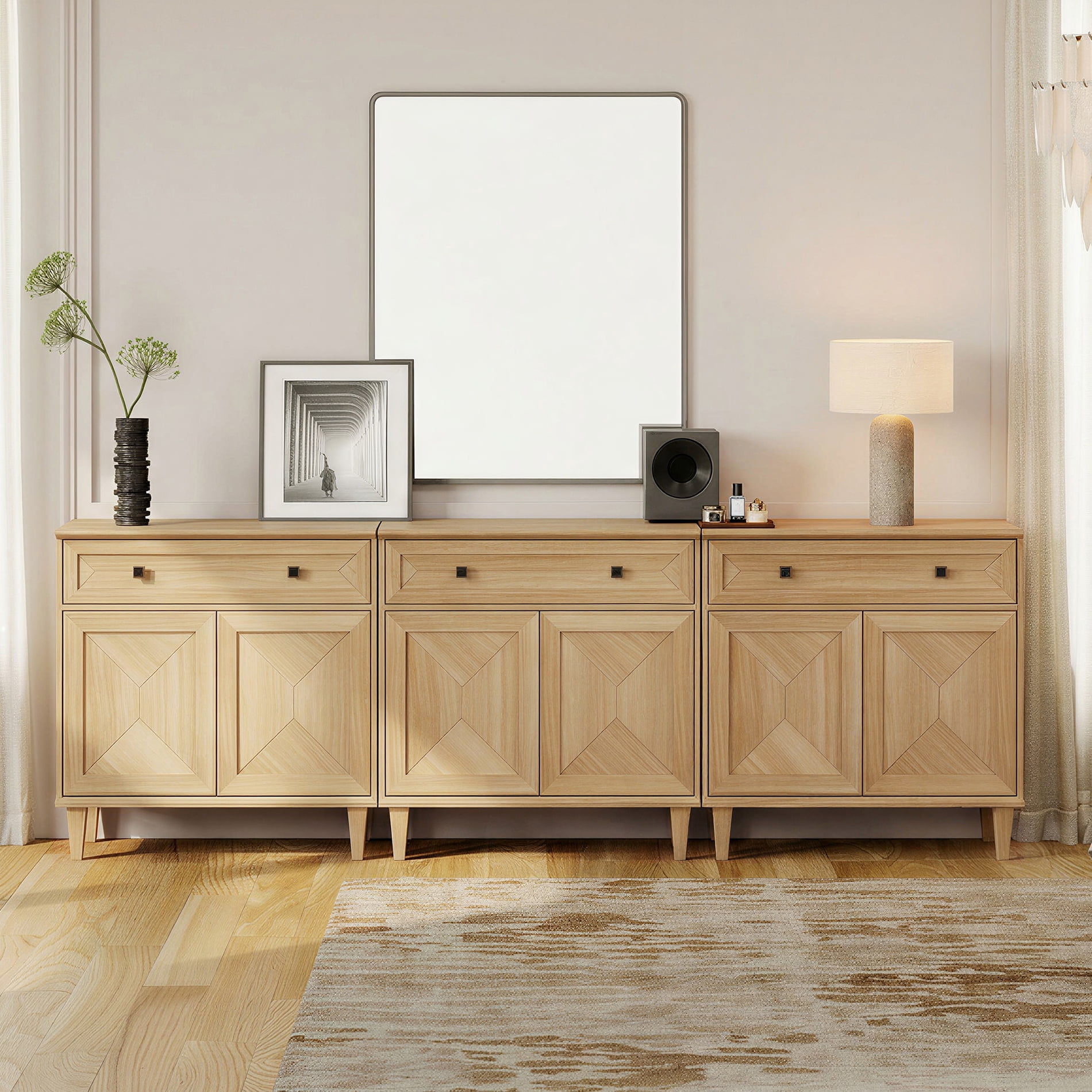 WAMPAT 3-in-1 Handmade Patchwork Buffet Cabinets,Oak