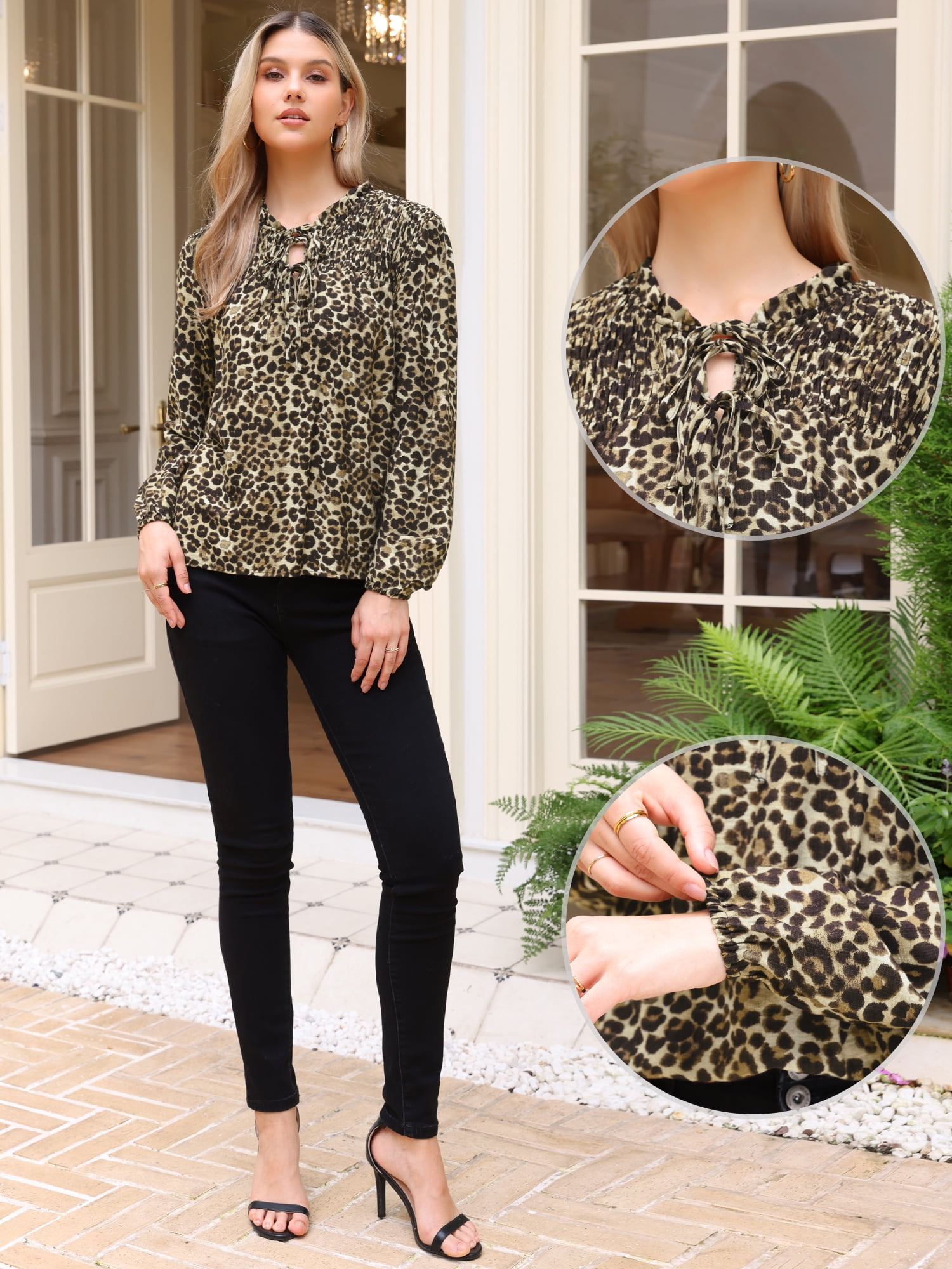 DARING DIVA Women's Long Sleeve Smocked Tie Neck Casual  Blouse M Leopard Print